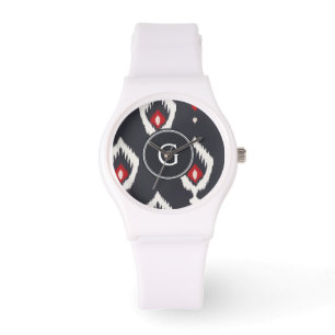 Montre Monogramme tribal chic de motif d'ikat noir et
