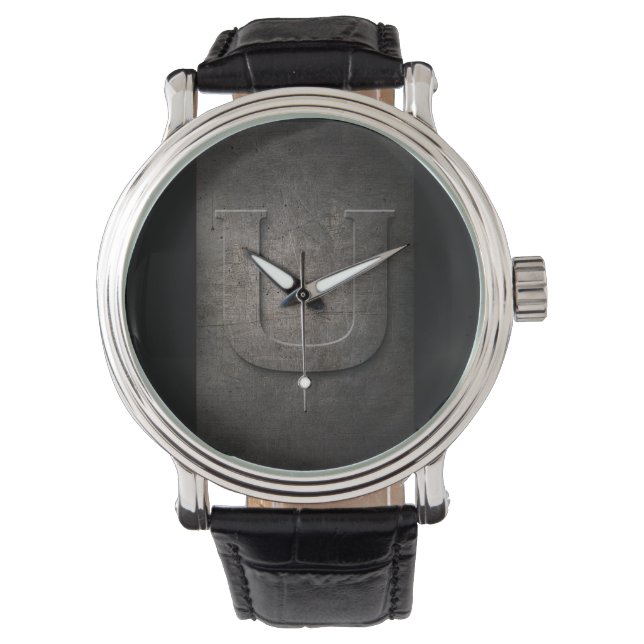 Montre Monogramme U rustique en métal noir (devant)