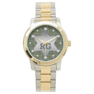 Montre Monogramme vert d'insigne de shérif de motif de