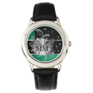 Montre Monogramme vert et argent sur noir