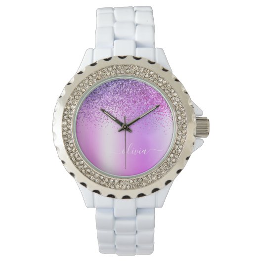 Montre Monogramme Violet Pailleté Scintillant Écriture Fé (devant)