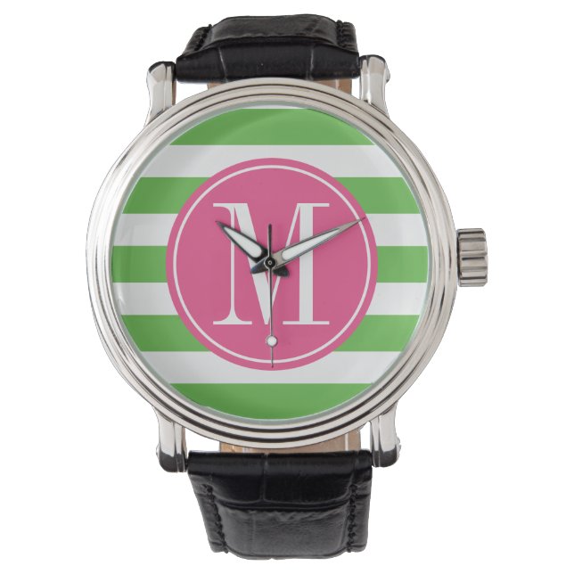 Montre Monogrammes personnalisés avec bandes rose et vert (devant)