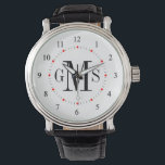 Montre Monographie personnalisée masculine<br><div class="desc">Montres monogrammées élégantes et classe, propres et simples customisées pour l'homme spécial sur votre liste de cadeaux. Classique facile à lire les nombres avec des marques de hachage gris et des points rouges sur le visage blanc. Audacieux et sophistiqué pour messieurs de style traditionnel — cliquez sur Customiser pour modifier...</div>