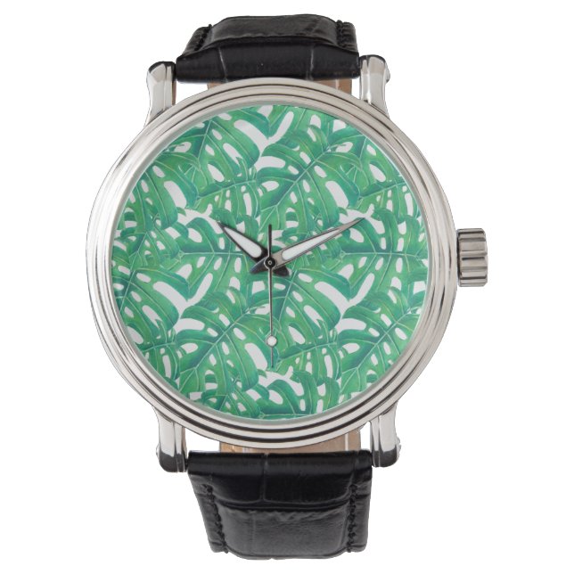 Montre Monstère verte tropicale feuille motif sur blanc b (devant)