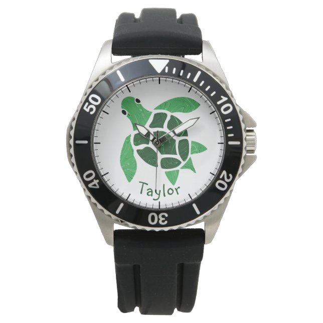 Montre Mosaïque Jade Green Sea Turtle avec nom (devant)