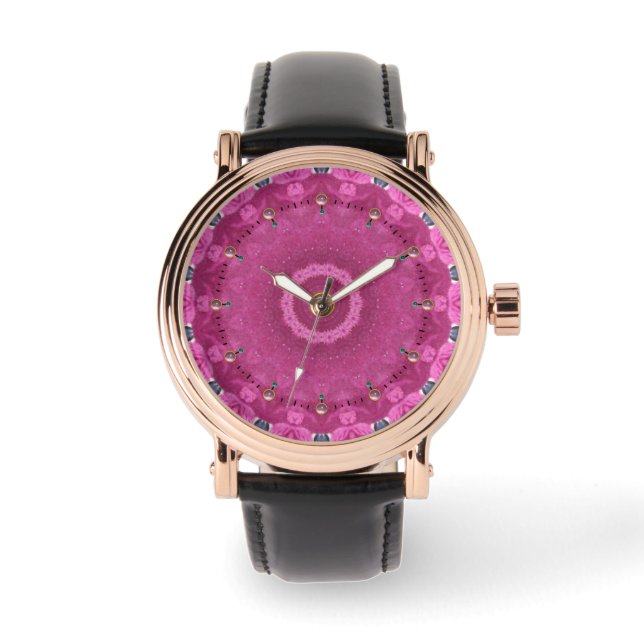 MONTRE MOSAÏQUES DE FUCHSIE ROSE ABSTRAITE ET PIERRES GEM (Recto)