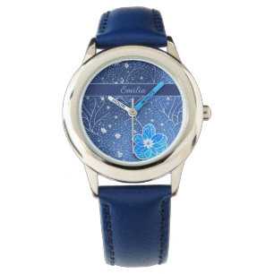 Montre Motif bleu blanc avec fleurs