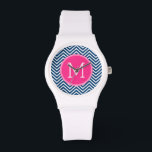 Montre Motif Chevron avec Monogram - Navy Magenta<br><div class="desc">Un design populaire avec une zone pour ajouter vos initiales. Couleurs et motifs tendance pour votre téléphone. Si vous devez ajuster les monogrammes, cliquez sur le bouton personnaliser et apporter des modifications.</div>