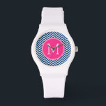 Montre Motif Chevron avec Monogram - Navy Magenta<br><div class="desc">Un design populaire avec une zone pour ajouter vos initiales. Couleurs et motifs tendance pour votre téléphone. Si vous devez ajuster les monogrammes,  cliquez sur le bouton personnaliser et apporter des modifications.</div>