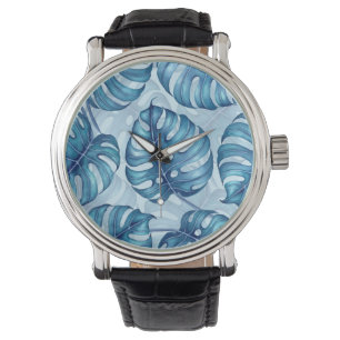 Montre Motif d'aquarelle Monstera bleu