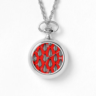 Montre Motif de feuille de hêtre - Rouge, noir et gris / 