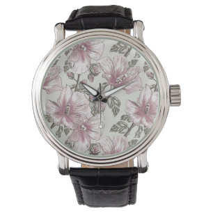 Montre Motif de fleurs rose amorti de ketmie