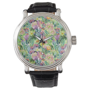 Montre Motif de floraison exotique de cactus d'aquarelle