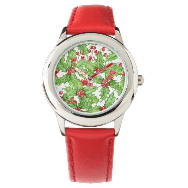 Montre Motif de Noël à l'aquarelle de baie blanche (devant)