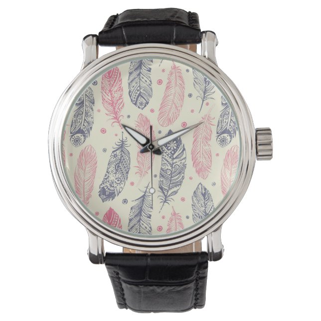 Montre Motif De Plumes Ethniques Rose Et Violet (devant)