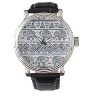 Montre Motif d'éléphant ethnique bleu