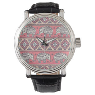 Montre Motif d'éléphant ethnique rose