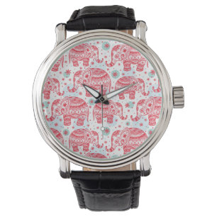 Montre Motif d'éléphant ethnique rouge