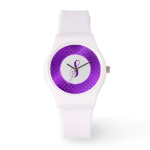 Montre Motif des échelles de sirène violet initiales pers