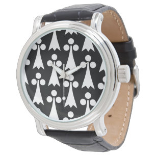 Montre Motif Ermine, Motif Médiéval, Blanc sur Noir