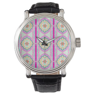 Montre Motif floral géométrique rose et or chic