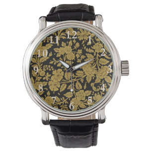 Montre Motif floral indien en laque noire et or antique