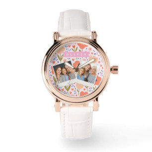 Montre Motif floral personnalisé folk mignon nordique ros