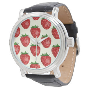 Montre Motif Fraise, Fraises Rouges, Fruit, Feuille