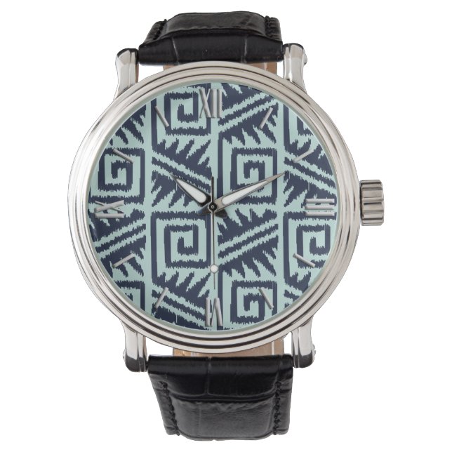 Montre Motif Ikat Aztec - Indigo et bleu clair (devant)