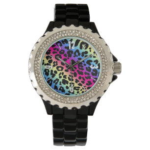 Montre Motif Neon Rainbow Leopard Imprimer