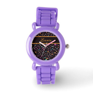 Montre Motif noir avec des points et des fleurs colorés
