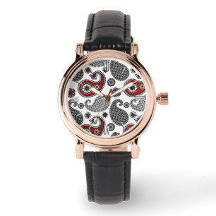 Montre Motif Paisley, noir, blanc et rouge