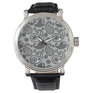 Montre Motif Paisley, tons gris, noir et blanc