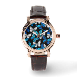 Montre Motif sans couleur foncée avec papillons bleus Mor