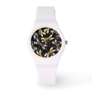 Montre Motif sans couture avec libellules d'or