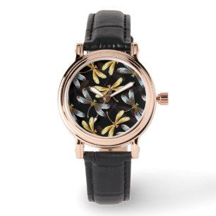 Montre Motif sans couture avec libellules d'or