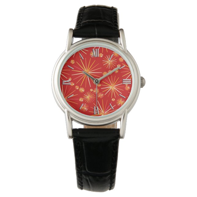 Montre Motif Spoutnik du milieu du siècle, Rouge Profond (devant)