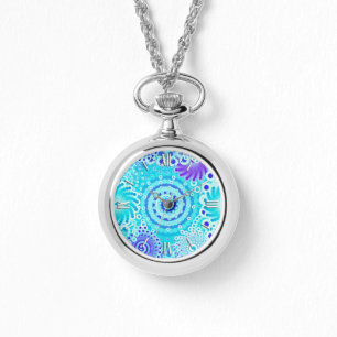 Montre motif tourbillon fractal, turquoise, aqua, bleu