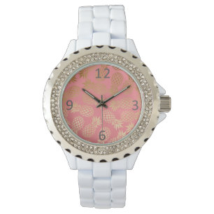 Montre motif tropical d'ananas d'or élégant de faux