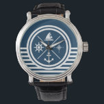 Montre Nautical themed design<br><div class="desc">Design à thème nautique avec symboles nautiques (ancre, voilier, voilier, boussole) décoration sur arrière - plan rayé blanc et bleu marine.</div>