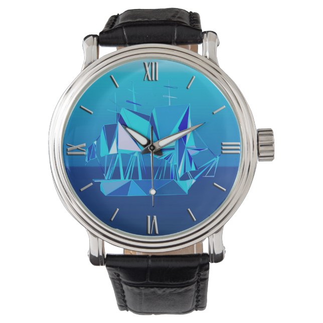 Montre Navire à Clipper géométrique moderne, Bleu Cobalt (devant)
