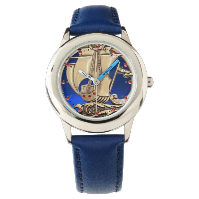Montre NAVIRE ANTIQUE, VAGUES MARINES, Bleu marine (devant)