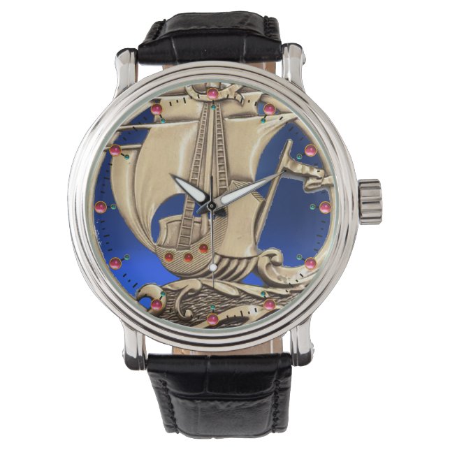 Montre NAVIRE ANTIQUE, VAGUES MARINES, Bleu marine (devant)