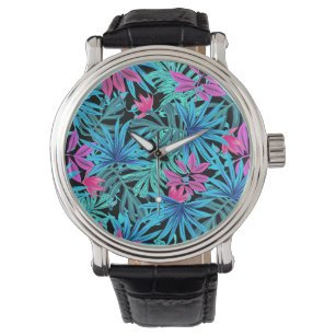Montre Neon rose et bleu Plante Tropical Motif Watch