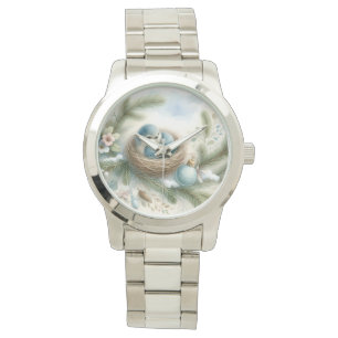 Montre Nid de merlebleu avec ornements dans les pins en h
