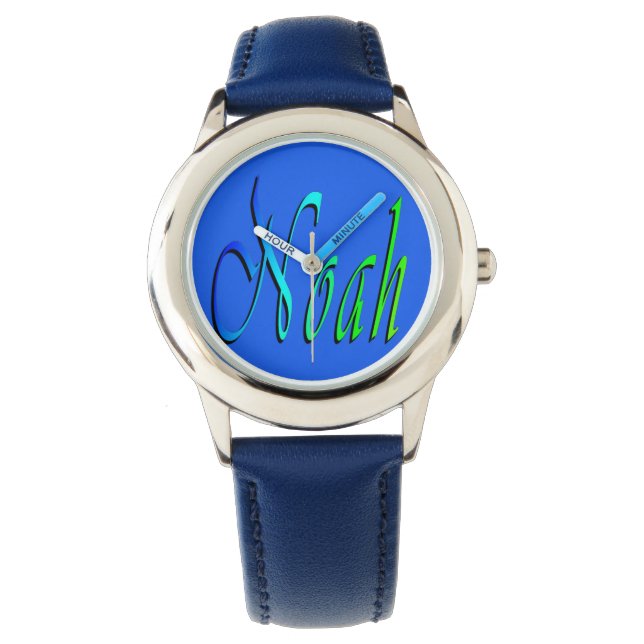 Montre Noah, Nom, Logo, Garçons Blue Leather Watch. (devant)