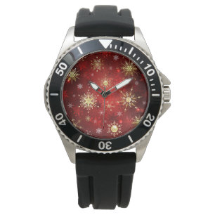 Montre Noël Golden Snowflakes sur Arrière - plan rouge