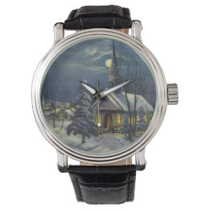Montre Noël vintage, église d'hiver dans la neige avec la