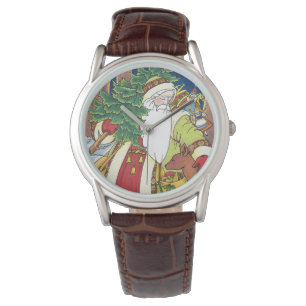 Montre Noël vintage, le Père Noël cerf dans la forêt
