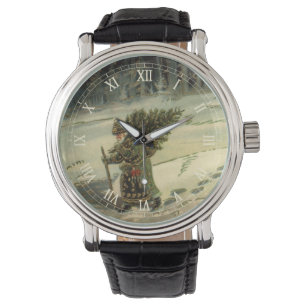 Montre Noël vintage, le Père Noël portant un arbre